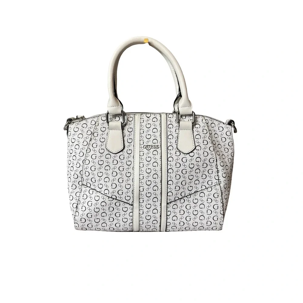 Guess Signature G Logo Satchel Handbag White Black Faux Leather Medium Purse